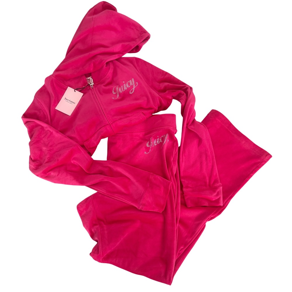Juicy Couture Hot Pink‎ Velour Tracksuit Set Rhinestone Logo Zip Hoodie Pants XL